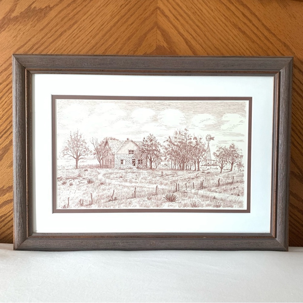 Brown & White Rural Landscape Art Line Drawing Homestead Stone House Frame Print